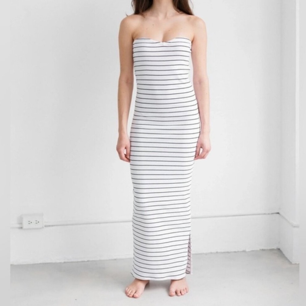 BRUNETTE THE LABEL Elegant White and Black Striped Strapless Dress NWT
